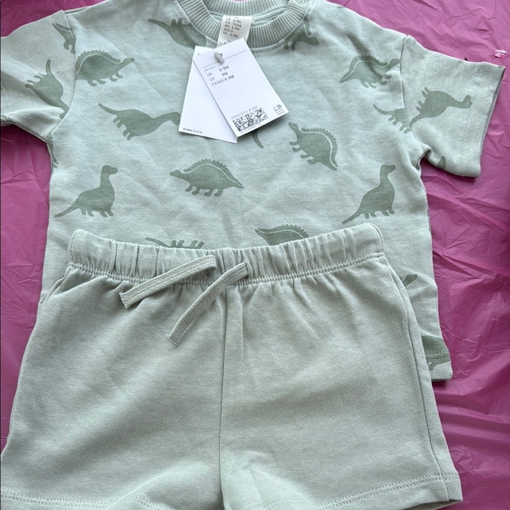 H&M Green Pajama Set Matching Dinosaur Print